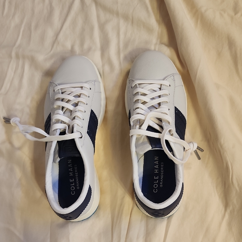 Cole Haan Woman's White and Navy GRANDSERIES Sneakers